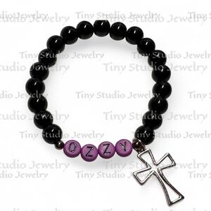 Ozzy Osbourne Black and Purple Beaded Bracelet with Silver Cross